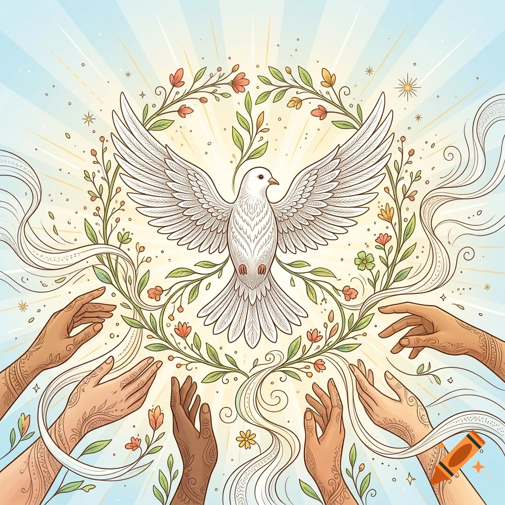 An illustrated dove with open wings surrounded by a floral wreath and multiple hands reaching towards it in a symbolic gesture of peace.