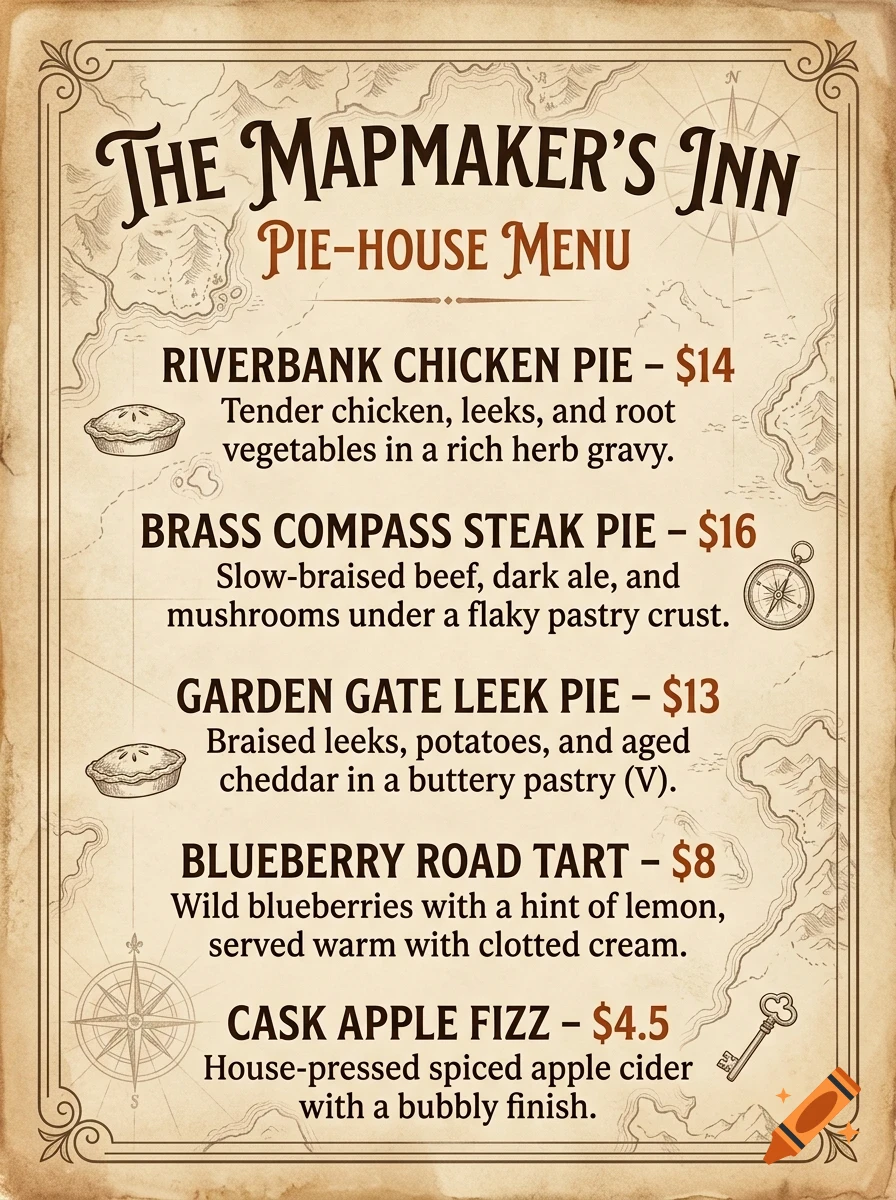 A vintage-style menu for The Mapmaker's Inn, featuring food items like pies and tarts against an old parchment background with map details.