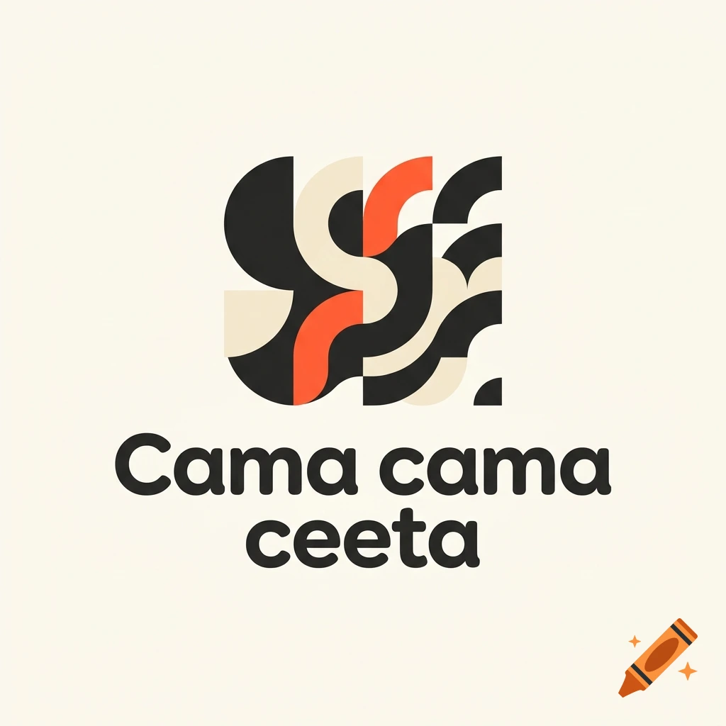 A graphic design featuring an abstract geometric shape composed of curved black and orange patterns above the text 'Cama cama ceeta'.