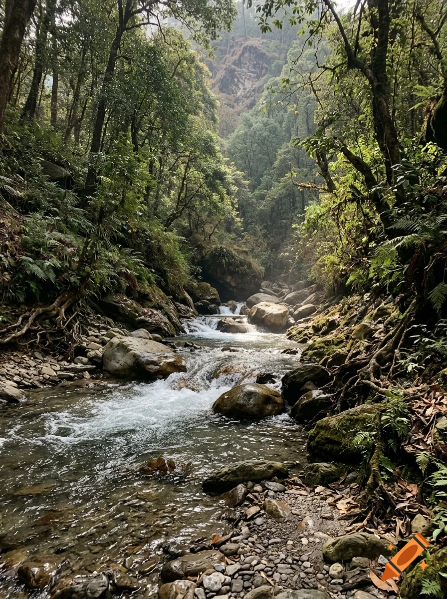 A rocky stream flowing through a lush green forest with moss-covered banks and trees lining both sides.