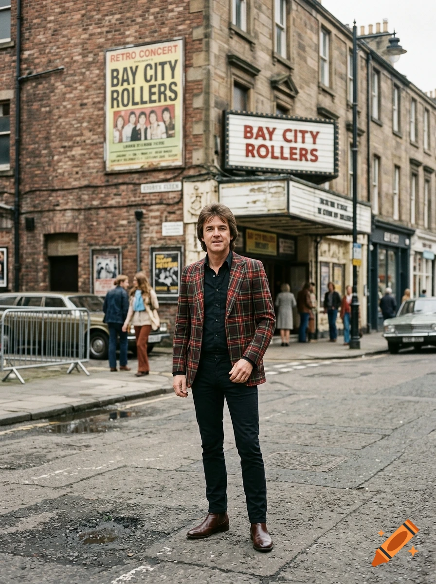Photorealistic full-length portrait of a man in a plaid blazer standing on a city street in front of a retro concert theater.