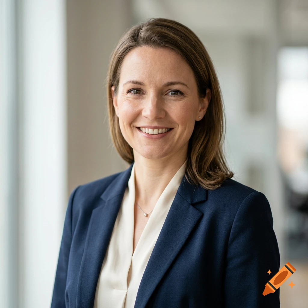 Photorealistic portrait of a smiling woman with brown hair in a business suit.