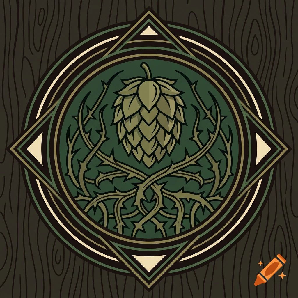 Vector line art of a hop cone with thorny roots inside a geometric frame on a dark wood background.