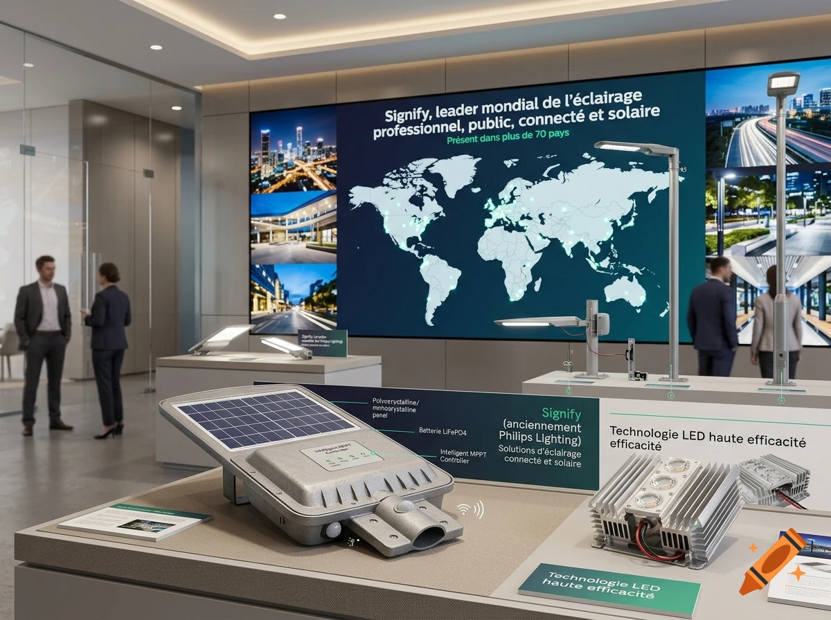 Photorealistic corporate showroom showcasing Signify LED and solar lighting products with world map display.