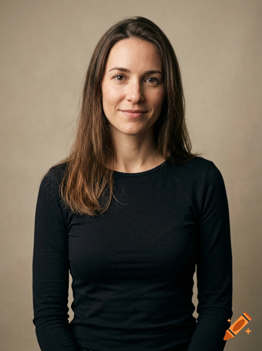 Photorealistic studio portrait of a woman with brown hair and eyes, wearing a black long-sleeve shirt against a neutral background.