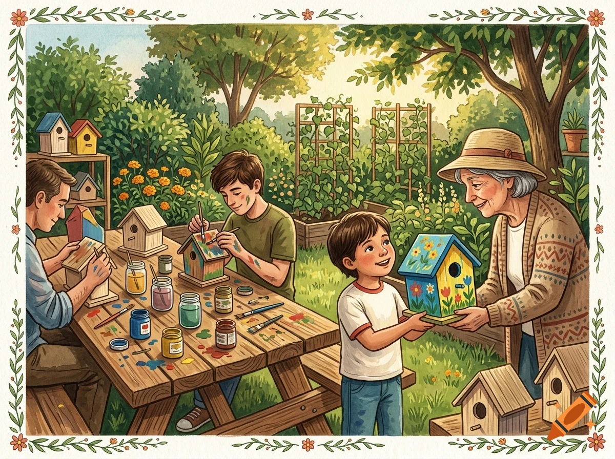An elderly woman, two boys, and a man painting wooden birdhouses together outdoors in a lush garden.