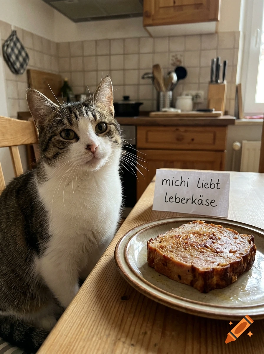 Photorealistic image of a tabby and white cat sitting next to a plate with a slice of Leberkäse and a sign reading 'michi liebt leberkäse' in a kitchen.