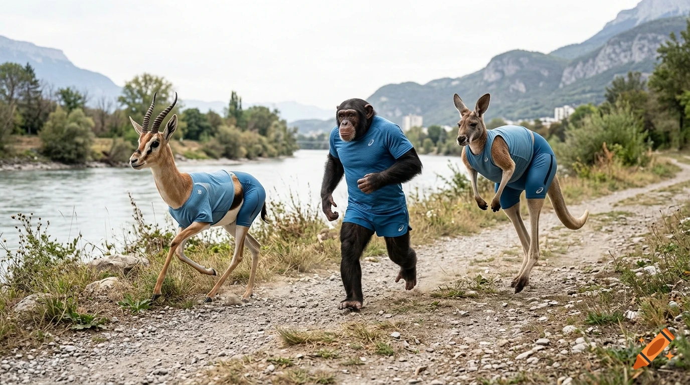 Photorealistic image of a gazelle, a chimpanzee, and a kangaroo wearing running gear and running along a riverbank.