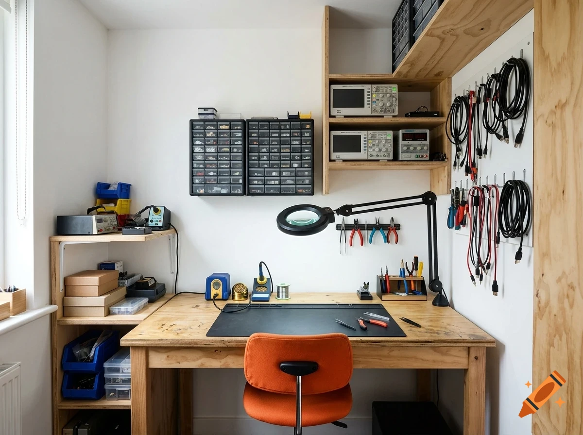 An organized workshop area featuring a wooden workbench with an orange chair, shelves with equipment and parts drawers, and various tools and cables hanging on the wall.