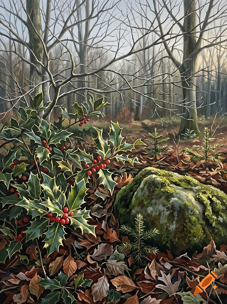 An oil painting of a forest floor in autumn, featuring a holly bush with red berries, a mossy rock, and fallen leaves under bare trees.