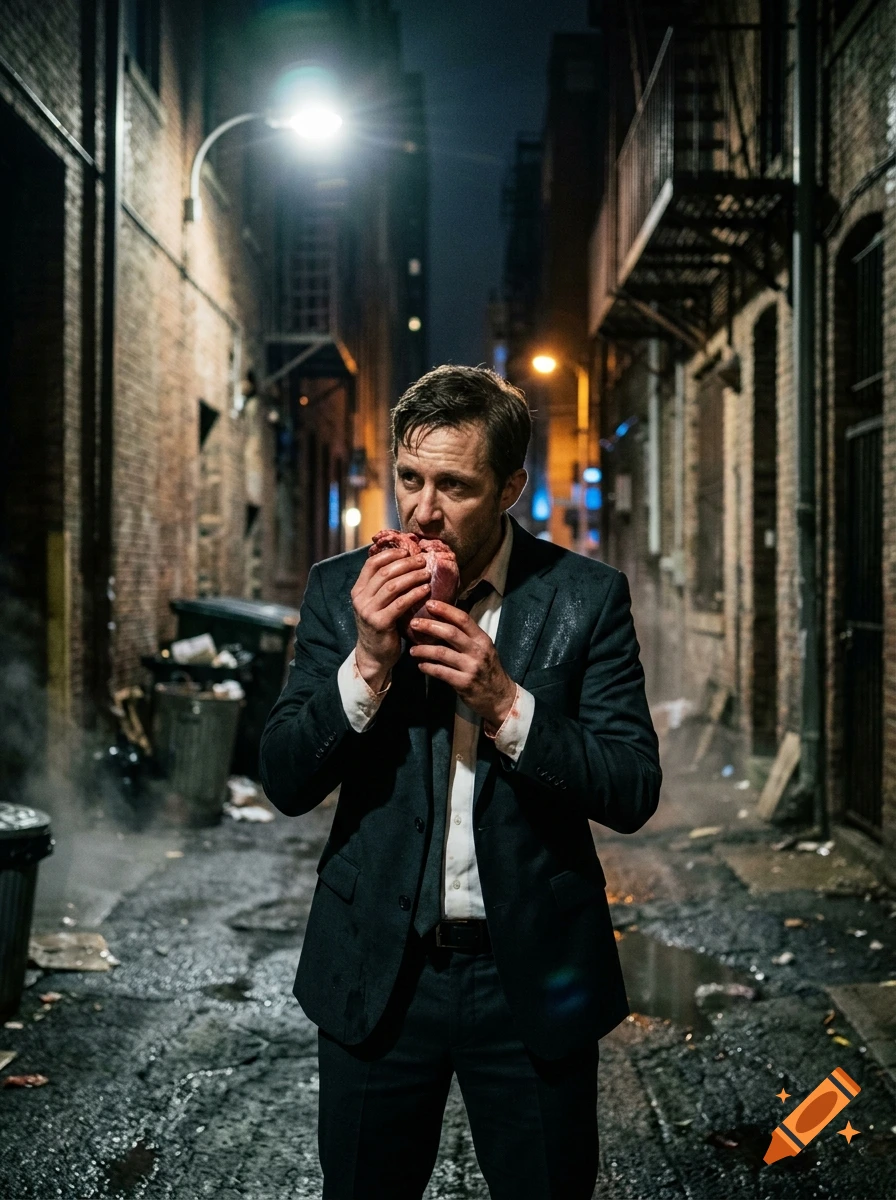 A man in a dark suit eating a heart in a gritty, wet alleyway at night, photorealistic style.