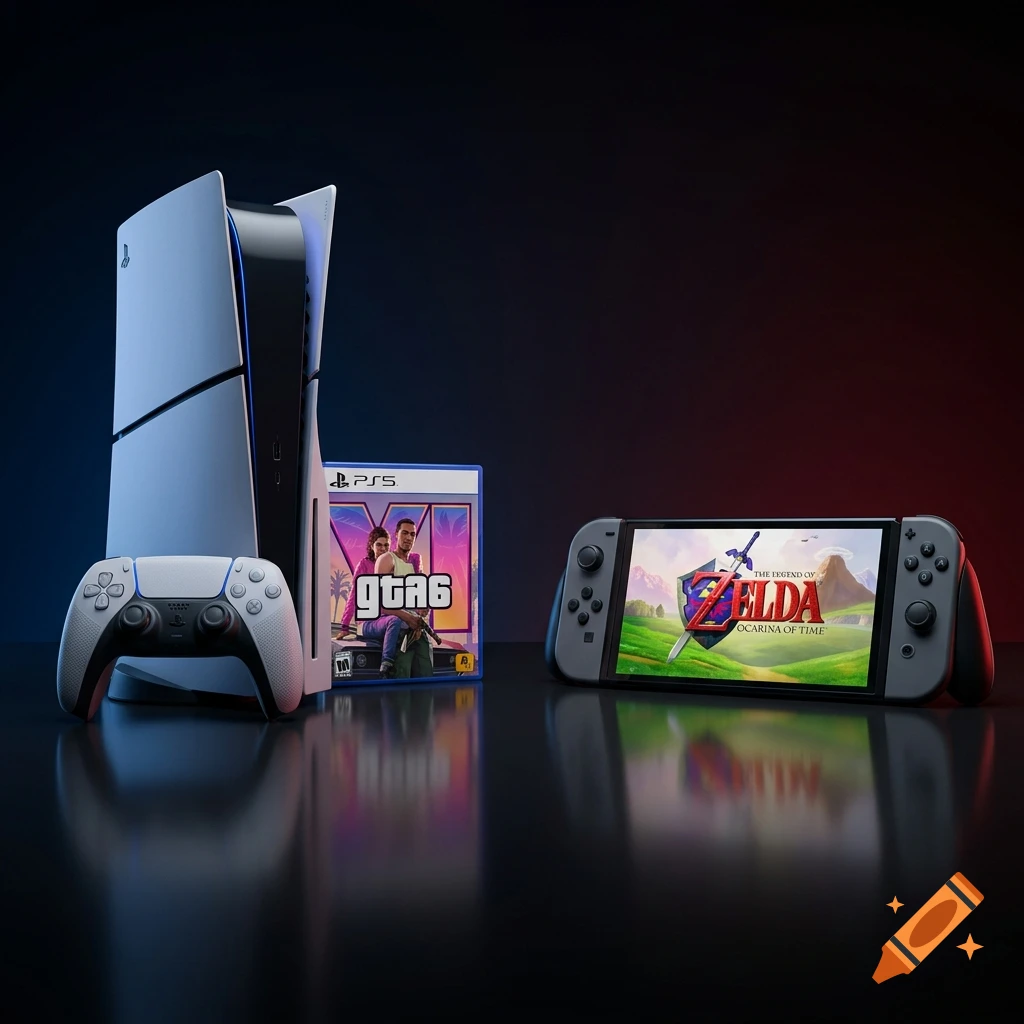 A promotional setup featuring a PlayStation 5 console, controller, GTA6 case, and a Nintendo Switch displaying Zelda Ocarina of Time on a dark reflective surface.