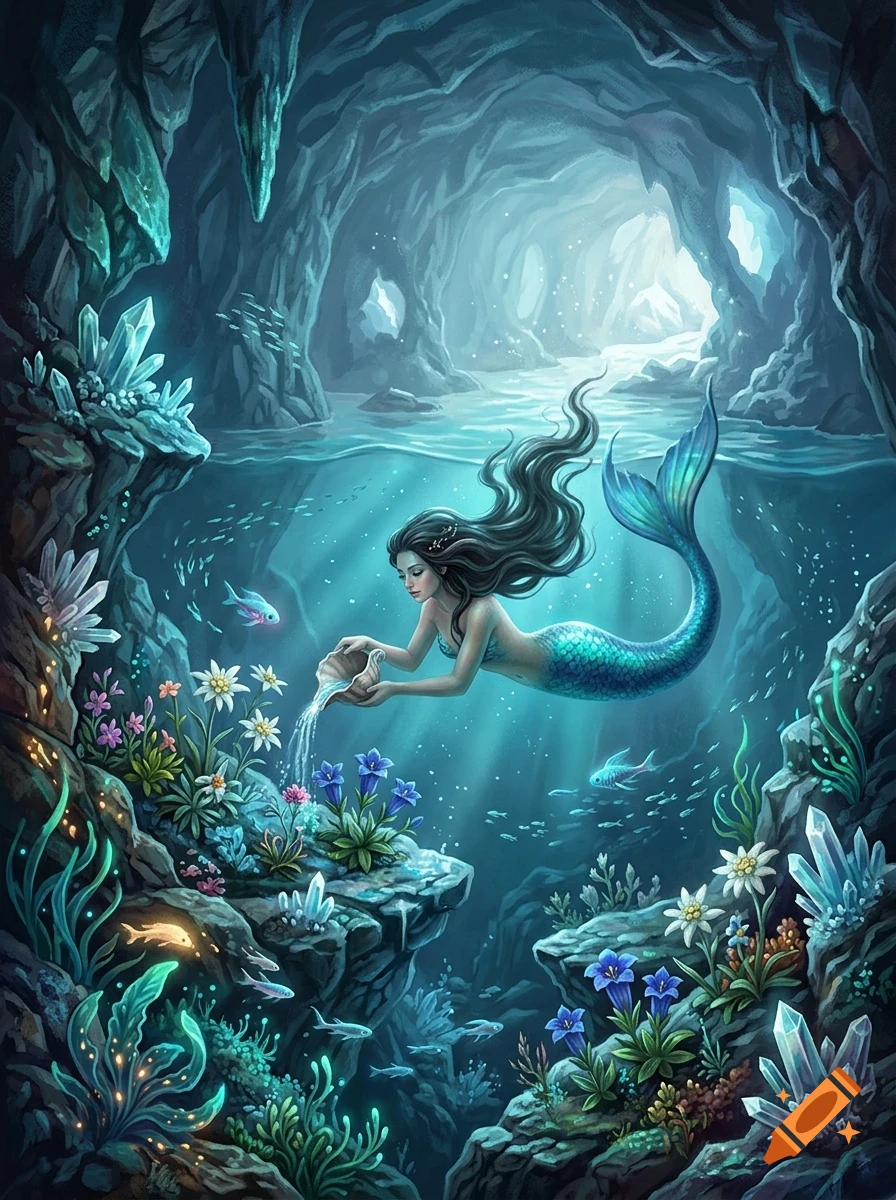 A mermaid swimming in an underwater cave, pouring water from a shell onto glowing flowers surrounded by crystals and small fish.