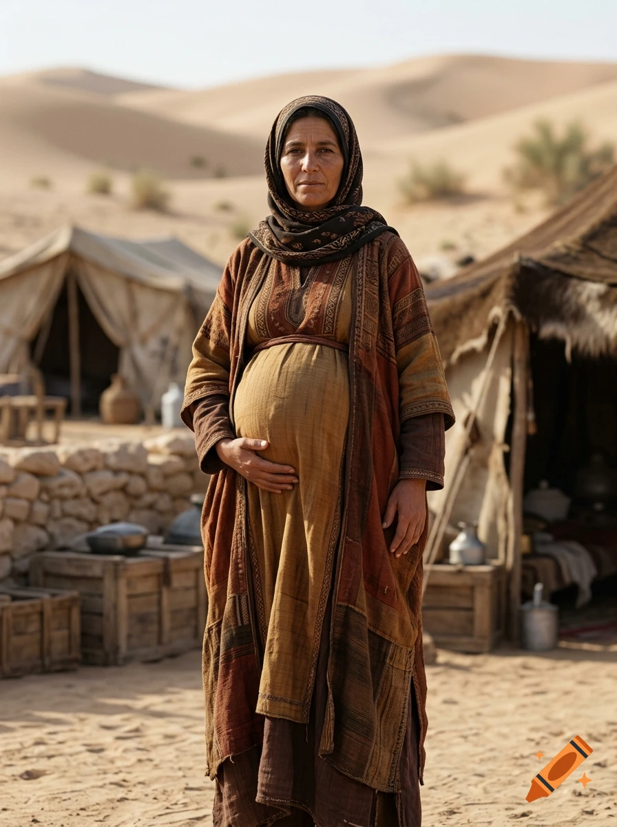 Photorealistic full-length portrait of a pregnant Bedouin woman standing in a desert camp with tents in the background.