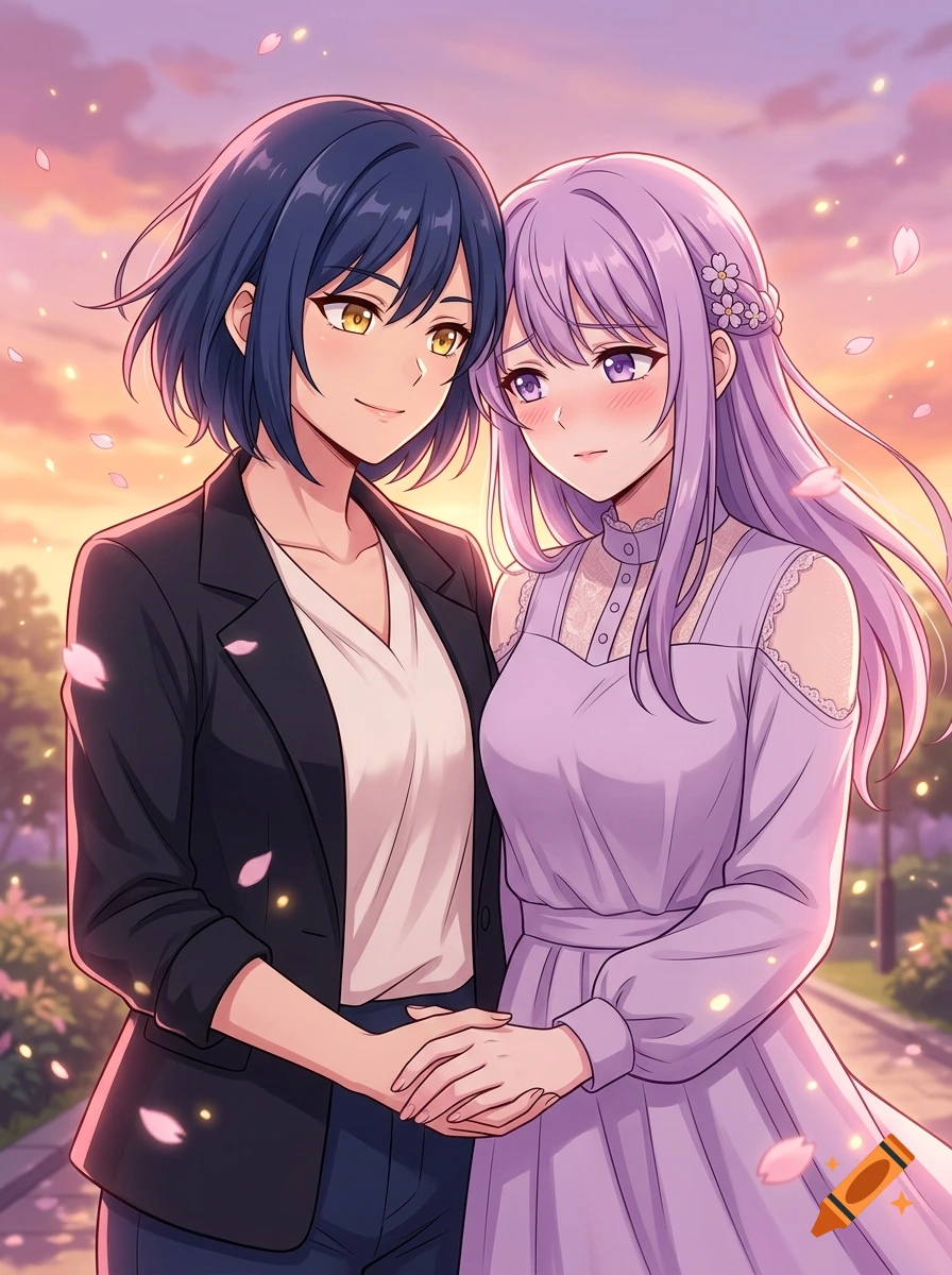 Anime style illustration of two women holding hands in a park at sunset, with cherry blossoms falling.