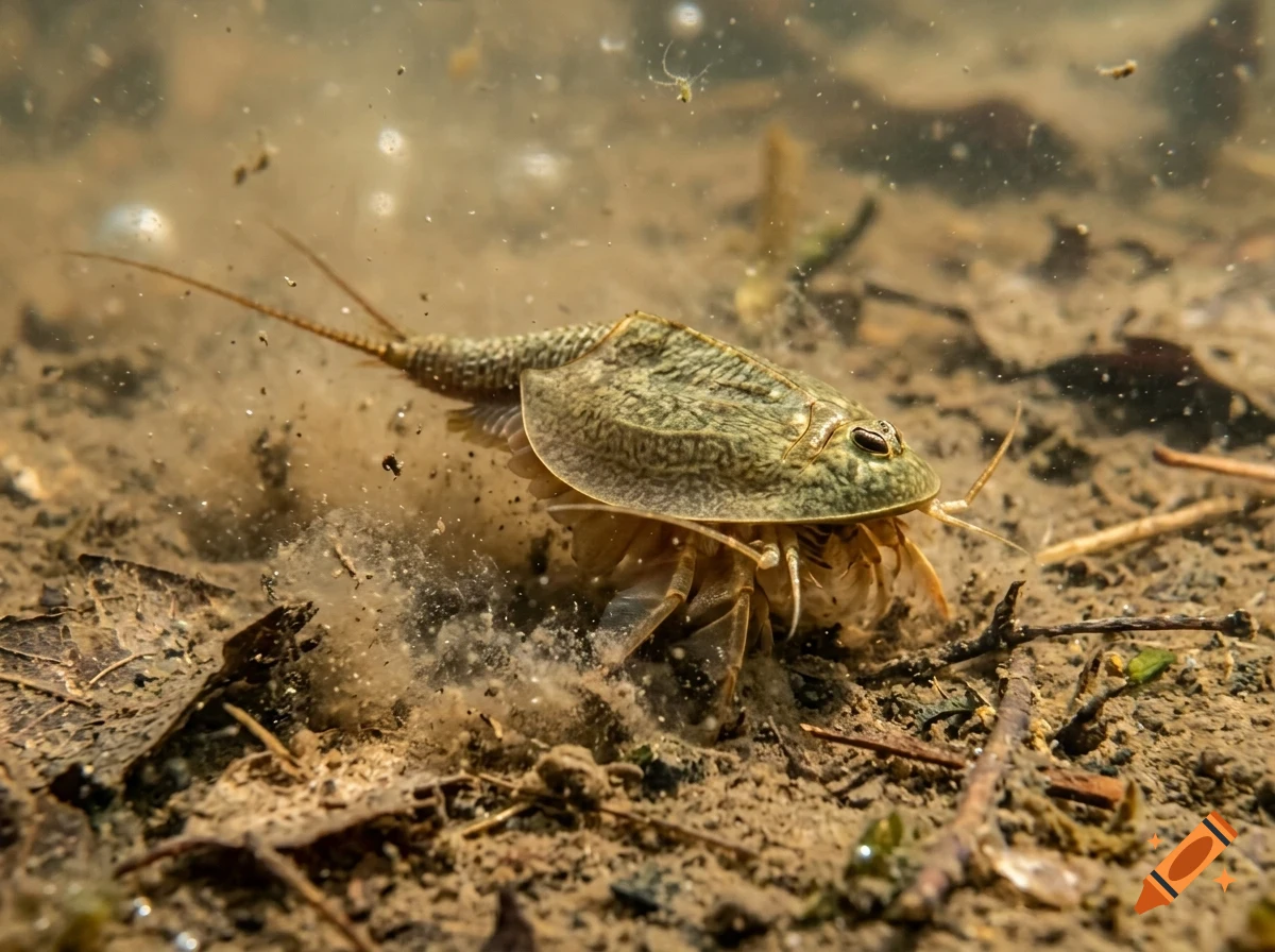 A tadpole shrimp crawling along the muddy bottom of a shallow body of water.