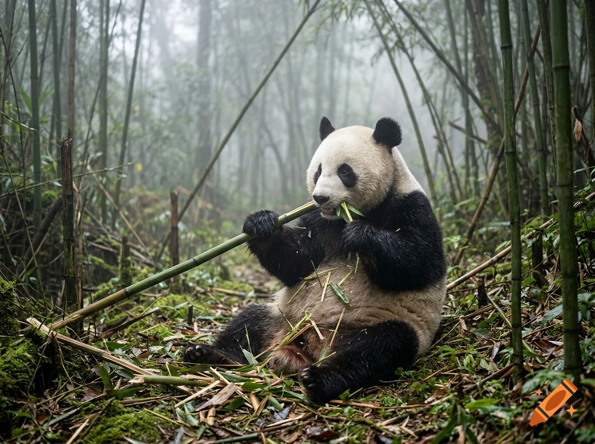 A panda sits on the ground in a bamboo forest, eating bamboo.