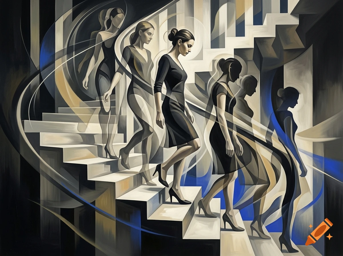 An abstract painting depicting a woman descending a staircase in a series of continuous, overlapping movements in black, white, and blue.