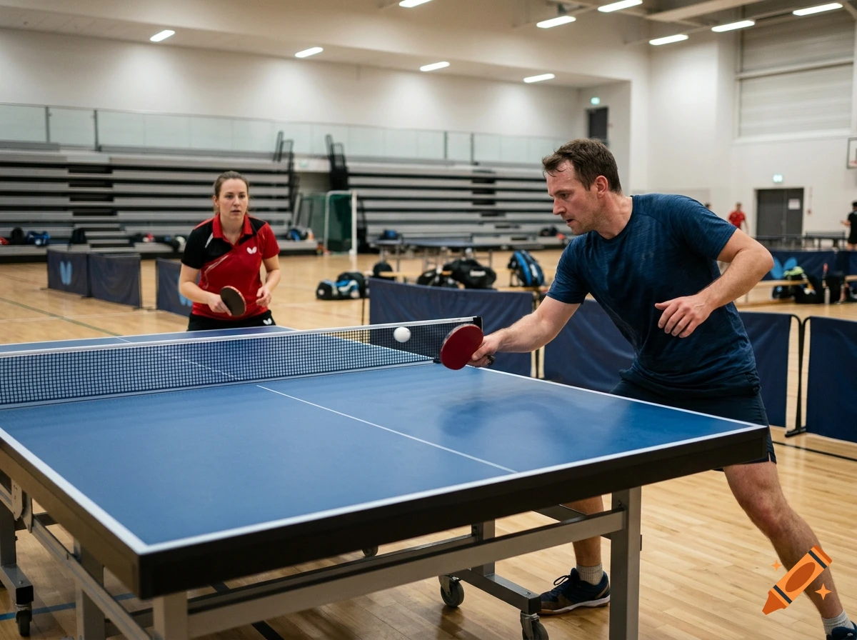 A man and a woman playing table tennis in a brightly lit indoor sports hall, photorealistic.