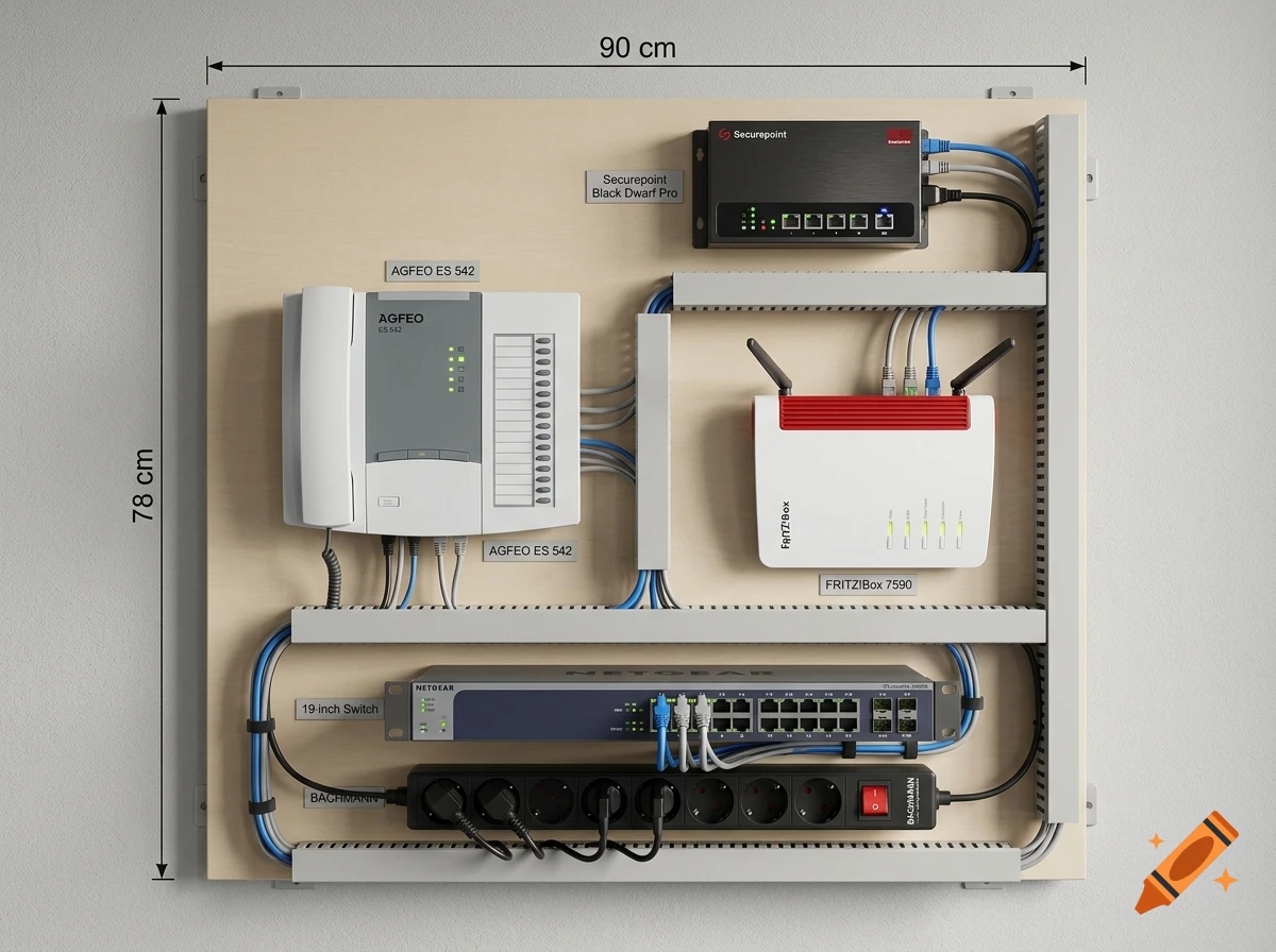 Photorealistic wall-mounted network rack with router, switch, telephone system, power strip, and dimension markings.