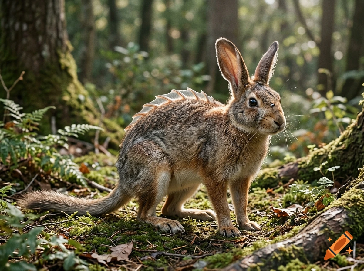 Photorealistic image of a fictional creature combining a rabbit body, bushy tail, and reptilian back spikes, standing in a forest.