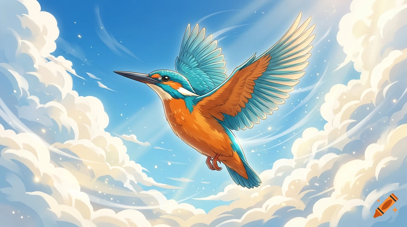 Anime style illustration of a kingfisher soaring high through white fluffy clouds in a blue sky with sunbeams.