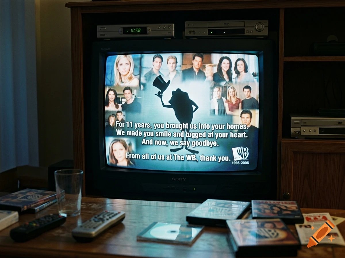 An old CRT television displaying the final broadcast of The WB network featuring Michigan J. Frog and a tribute message.