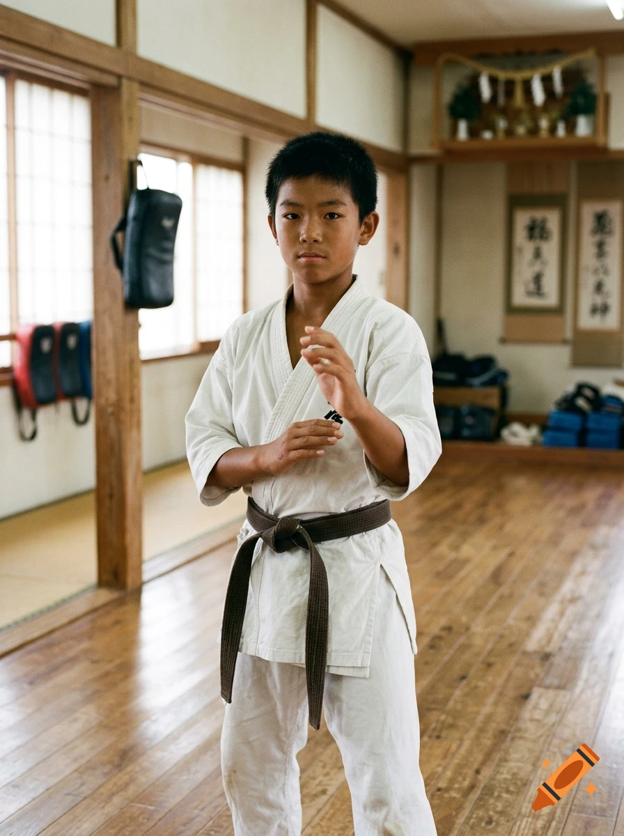 A young boy in a white karate uniform with a brown belt standing in a traditional dojo.