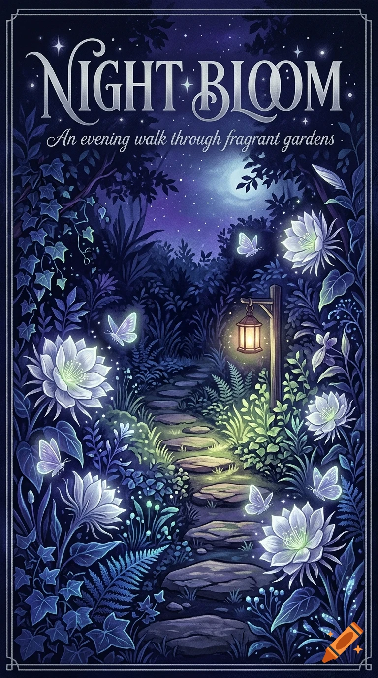 An illustrated nighttime garden scene with glowing white flowers, glowing butterflies, a stone pathway, a lit lantern, and text reading NIGHT BLOOM.