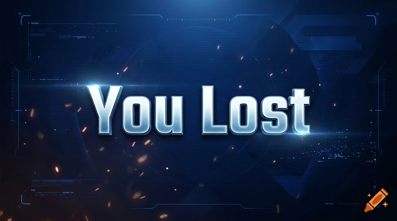 Digital game over screen with glowing silver text 'You Lost' on a dark blue sci-fi interface background with light particles.