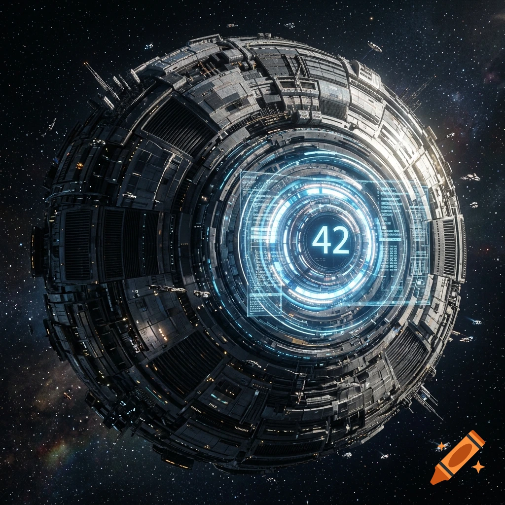 Photorealistic image of a massive planet-sized metal computer station in space with glowing blue holographic text showing the number 42.