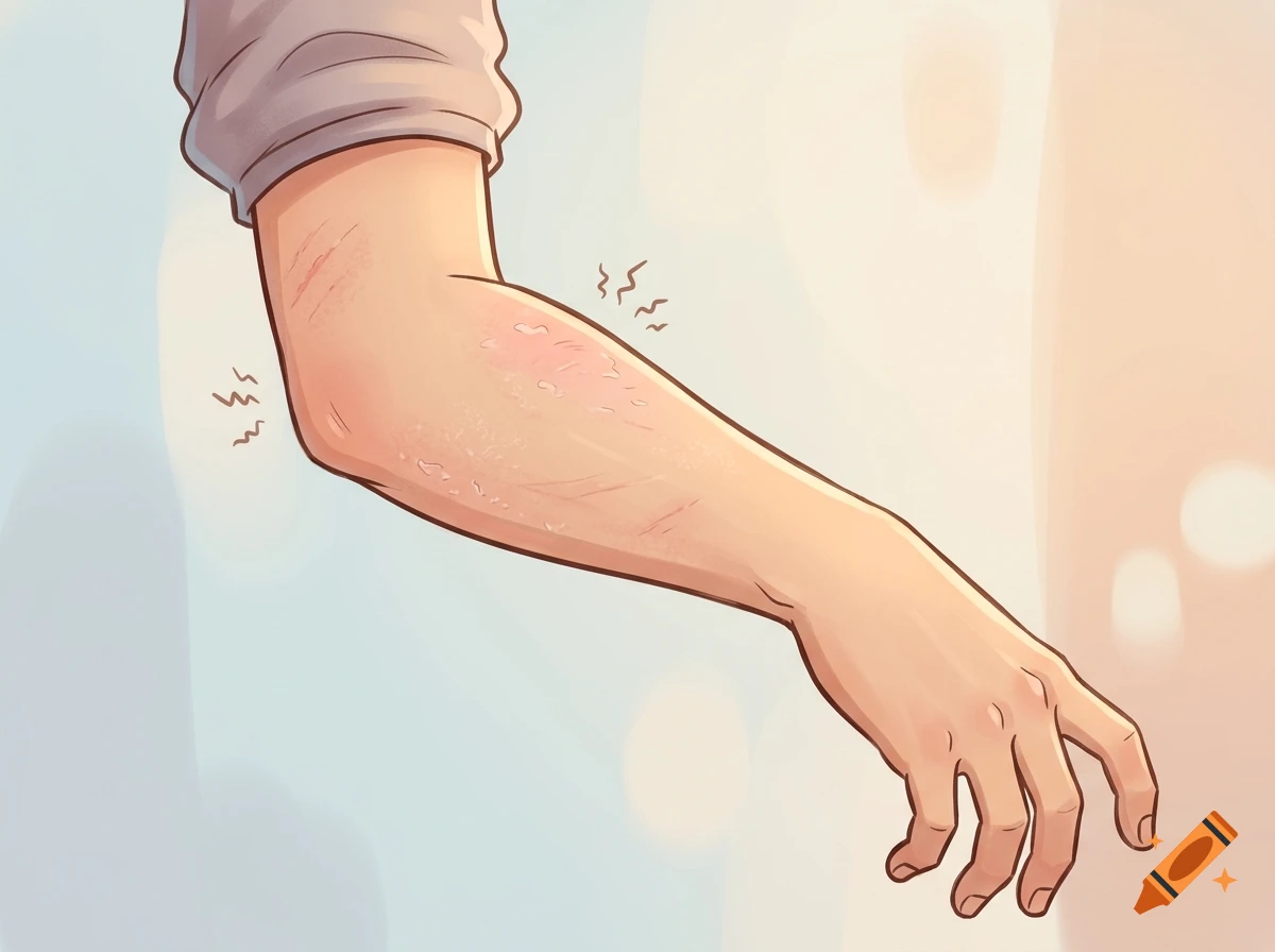 Cartoon illustration of a teenager's arm with a dry, red, and itchy rash near the elbow.