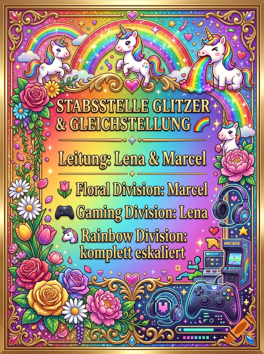 Colorful and ornate digital illustration of a fantasy sign with unicorns, rainbows, flowers, and gaming controllers.