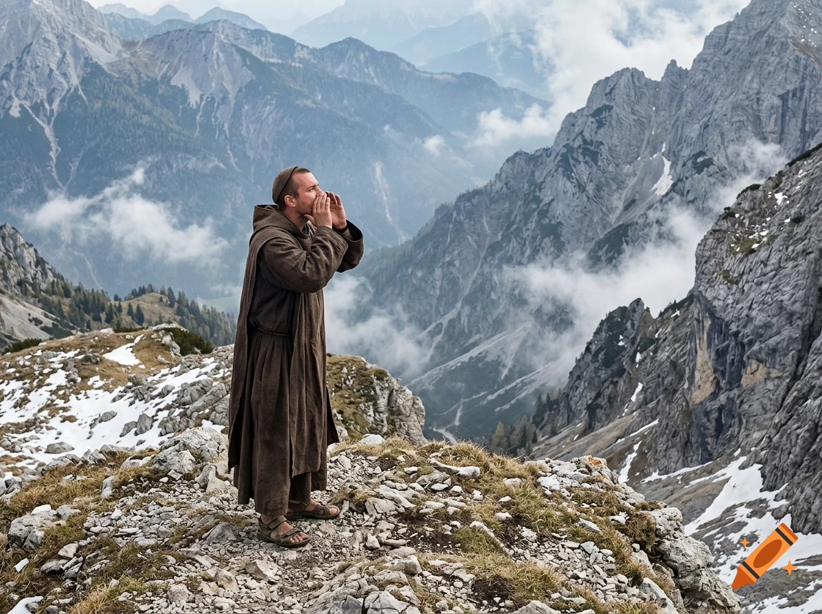 A monk in a brown robe stands on a rocky mountain peak, cupping his hands around his mouth to shout into the landscape.