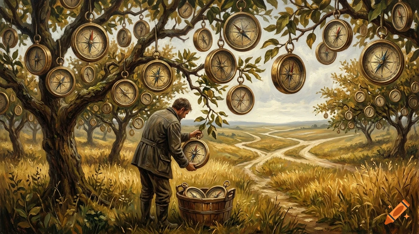 A man harvesting pocket watches from a tree in a surreal landscape with winding paths.