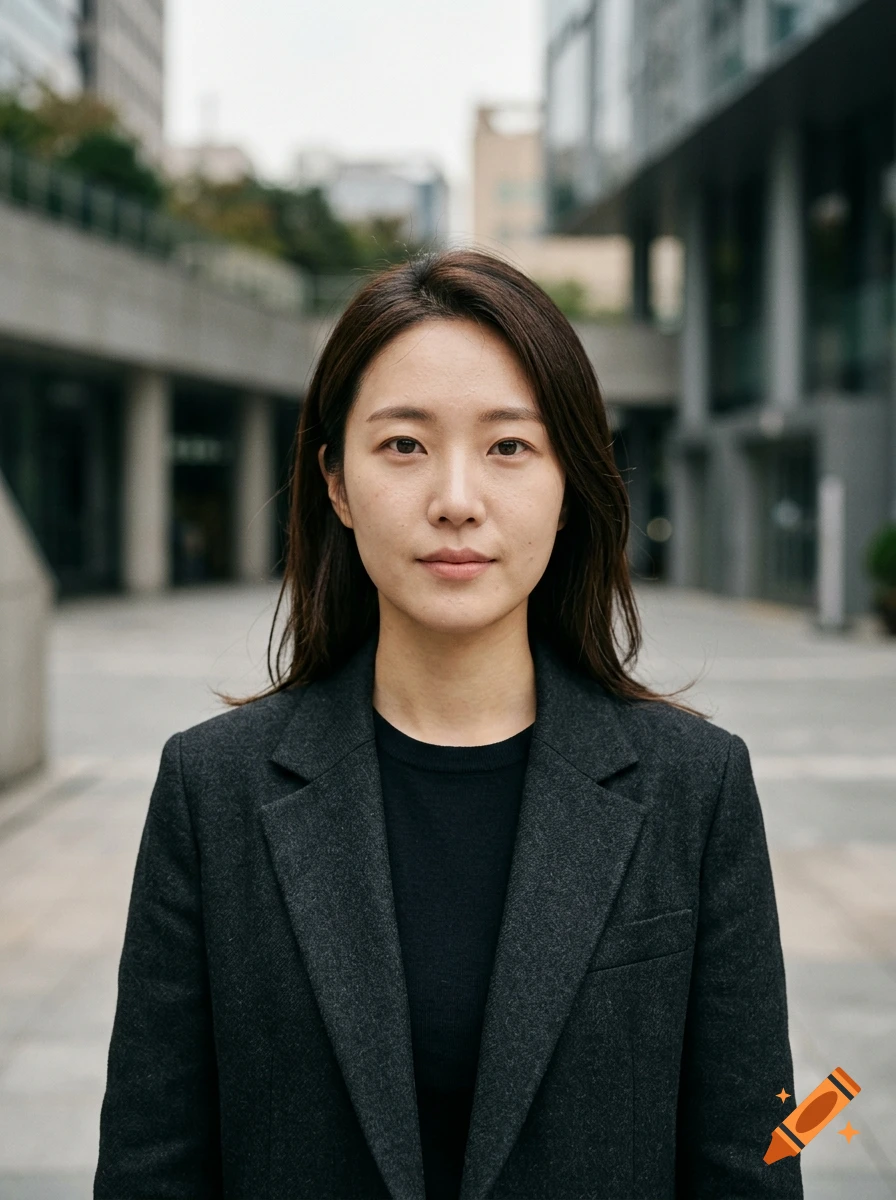 Photorealistic portrait of an Asian woman in a dark blazer standing outdoors with a blurred urban building background.