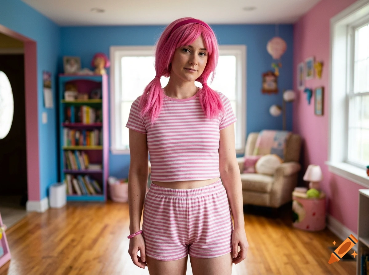 Photorealistic portrait of a young woman with pink hair in pigtails and a pink striped outfit, standing in a brightly colored room.