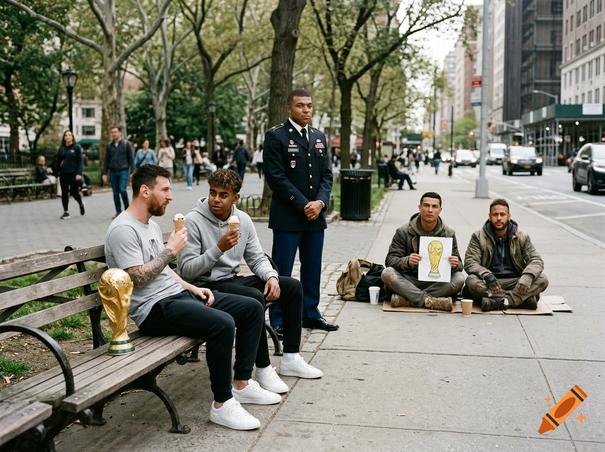 Photorealistic image of soccer players Messi and Yamal eating ice cream on a park bench next to a World Cup trophy, with Mbappe standing behind them in a military uniform, and Ronaldo and Neymar sitting as homeless individuals on the sidewalk holding a drawing of the trophy.