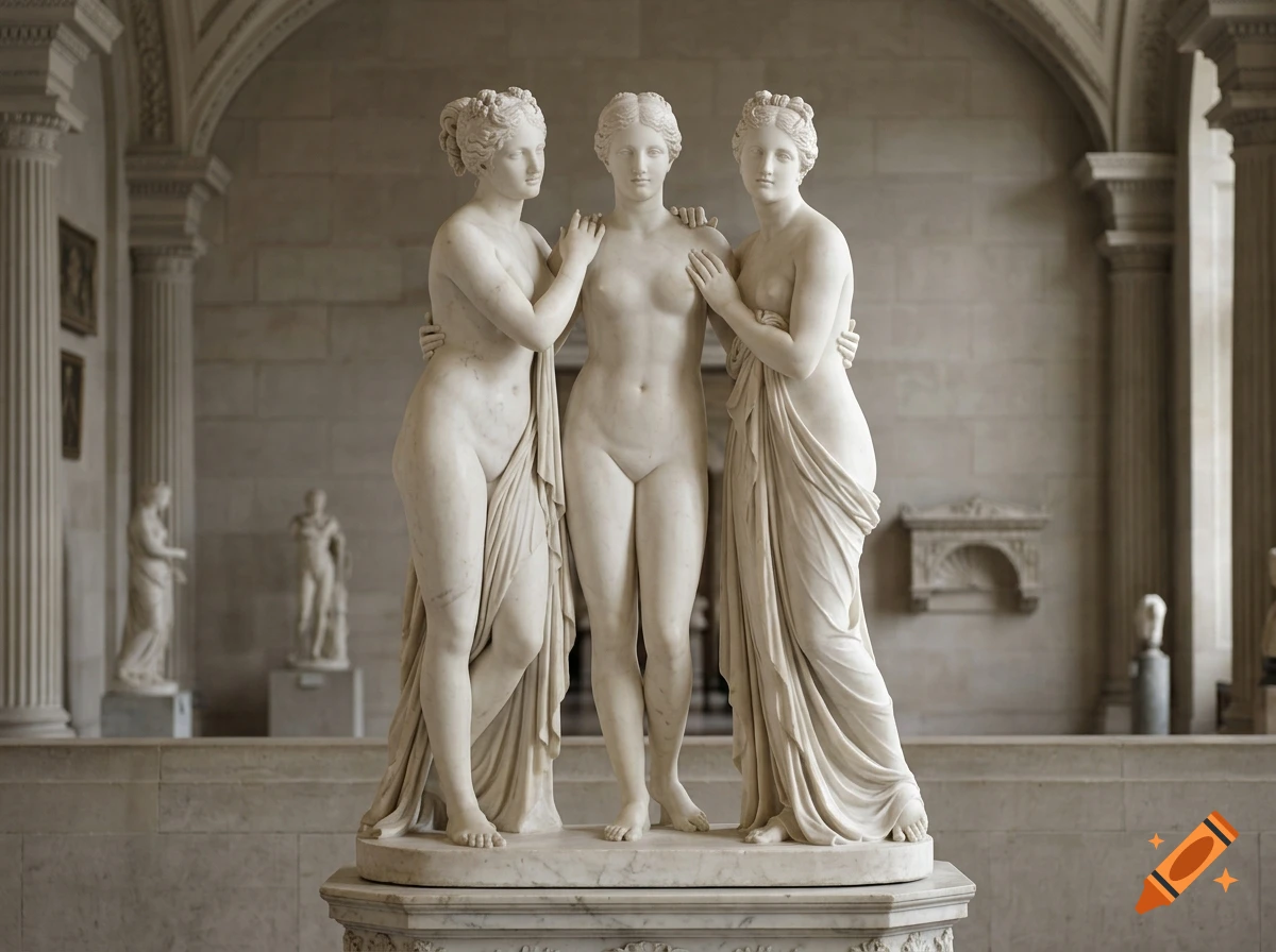 Neoclassical marble sculpture of the three graces standing together, all facing the camera in a museum setting.