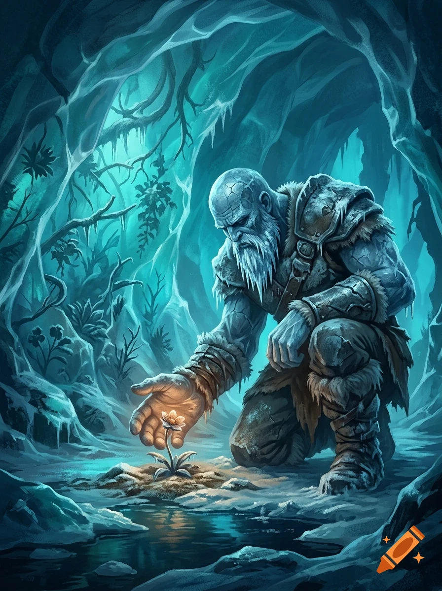 A large, icy humanoid character kneeling in a cavern, gently reaching out towards a glowing flower growing from a patch of dirt.