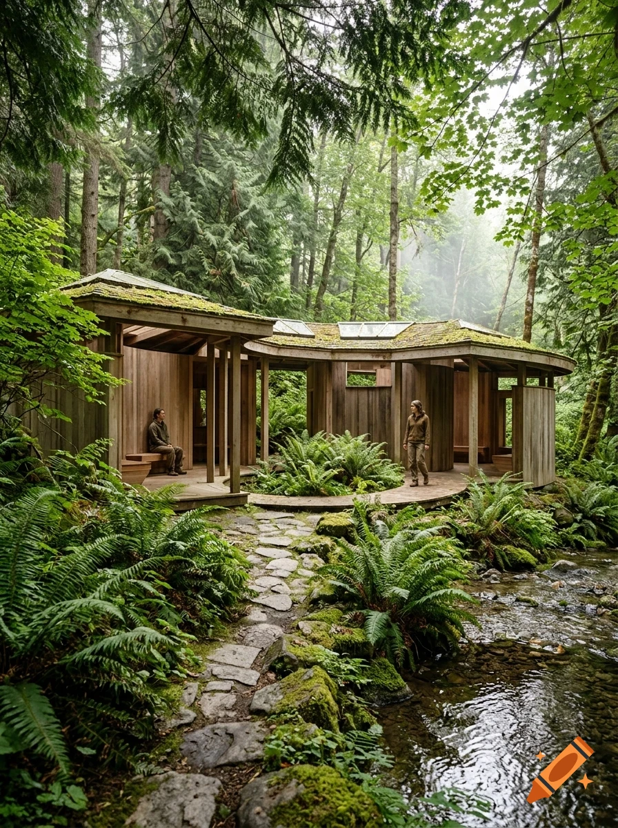 A wooden pavilion with a moss-covered roof sits in a lush forest next to a stream and a stone path, with two people nearby.