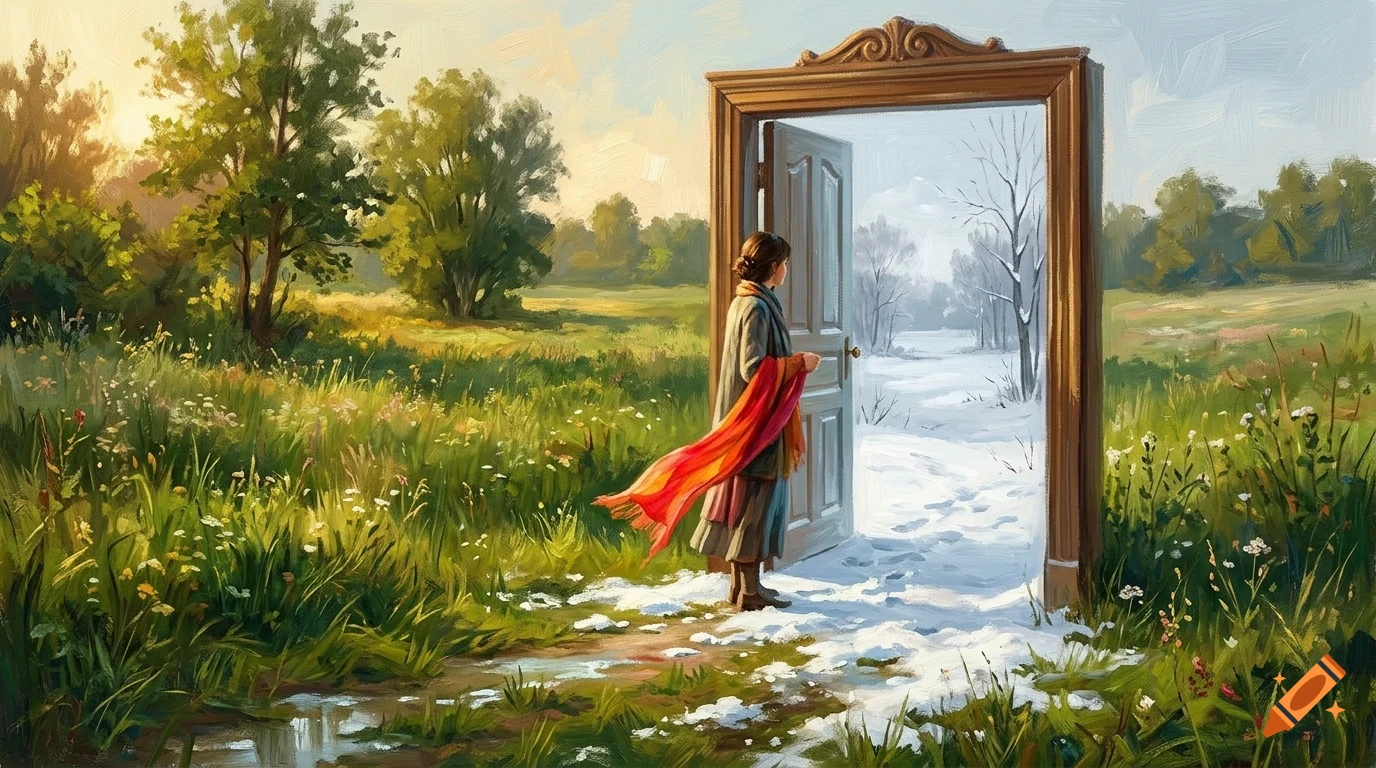 A woman stands in a lush green field before an open wooden door that reveals a snowy winter landscape through the frame.