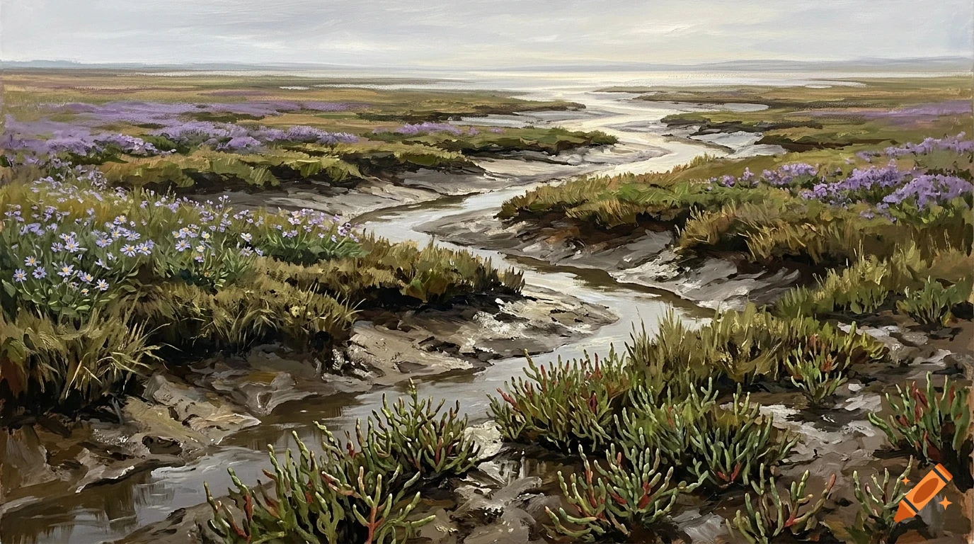An oil painting of a winding river flowing through a marshy landscape with patches of purple flowers under an overcast sky.