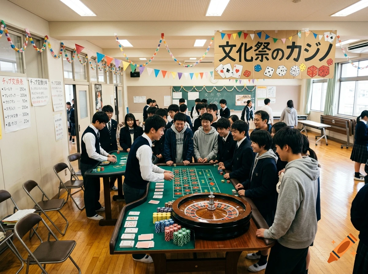 High school students running a casino game booth with a roulette wheel and cards during a Japanese school cultural festival.