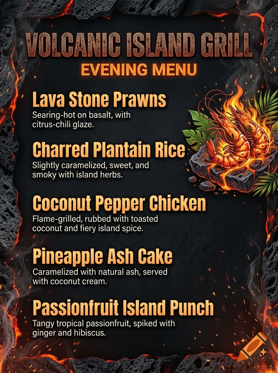 An evening menu for Volcanic Island Grill, listing dishes like Lava Stone Prawns, Charred Plantain Rice, and Coconut Pepper Chicken.