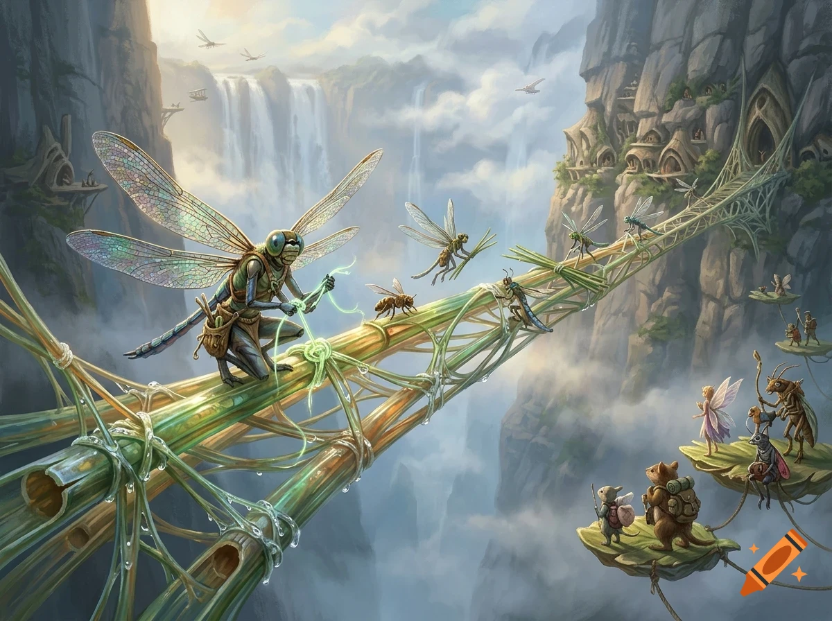 An anthropomorphic dragonfly tying together a bamboo bridge in a fantasy canyon landscape with waterfalls, flying insects, and small creatures.