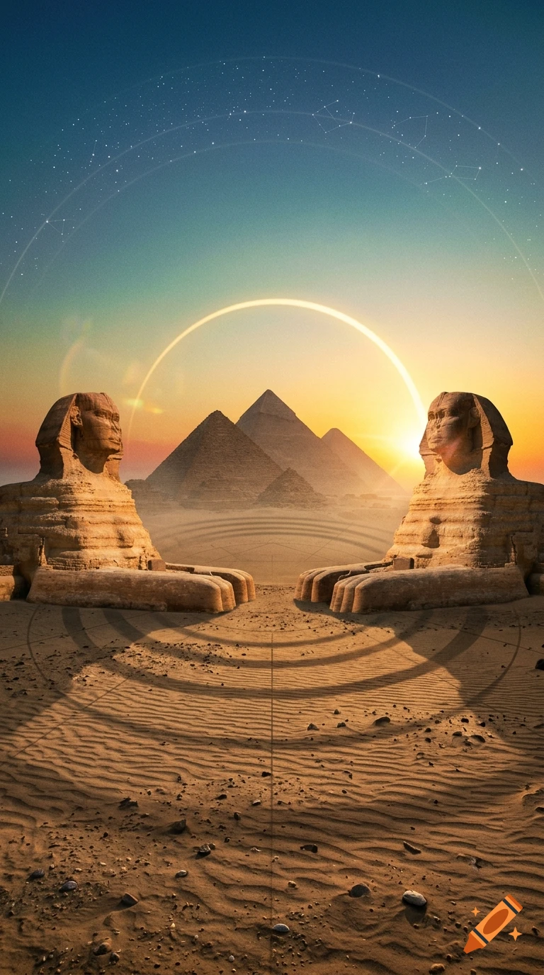 Two Sphinxes face opposite directions in front of the Giza pyramids under a starry sky with a glowing eclipse ring.