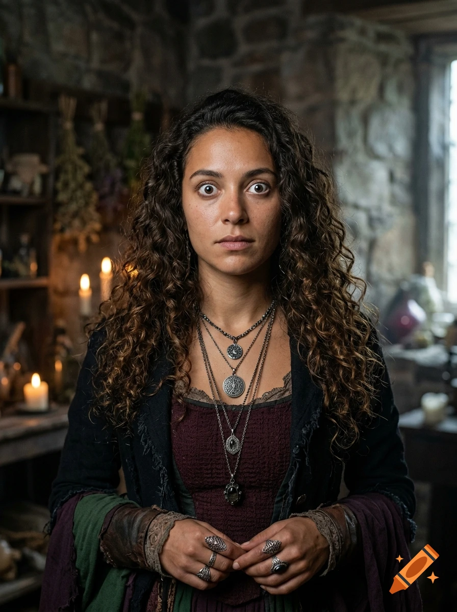Photorealistic portrait of a woman with curly hair and wide eyes, wearing vintage medieval necklaces in a rustic stone room.