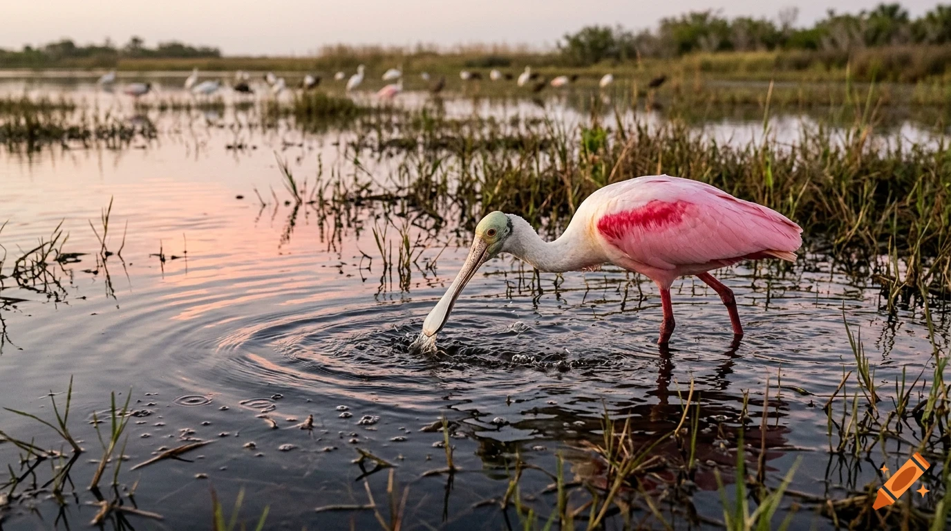 A pink spoonbill wading and feeding in shallow wetland water at sunset, with other birds in the background.