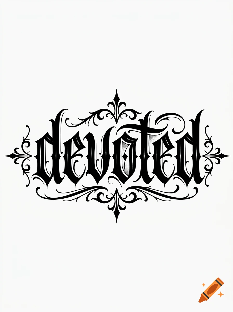 Black and white gothic lettering spelling 'devoted' surrounded by ornamental flourishes, tattoo design style.